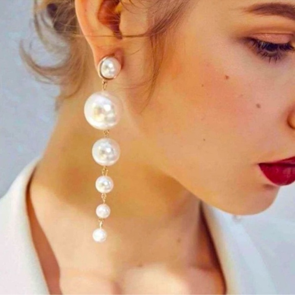 Glam Luxe Cocktail Faux Pearl Gold Overlay Trim Drop Statement Earrings